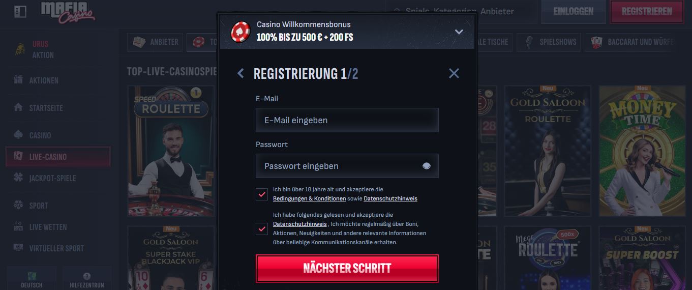 Registriere dein neues Konto bei Mafia Casino